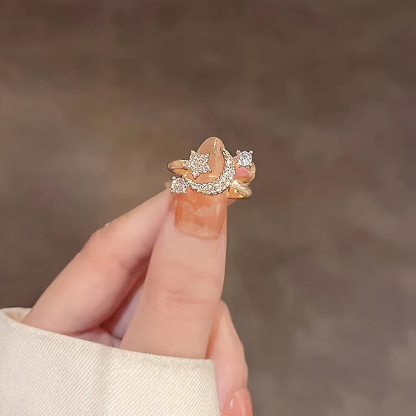 Chic Star Moon Rhinestone Ring, Retro & Minimalist Style, Daily Party Wear, Ideal Ramadan Gift