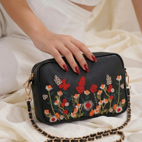 Floral Embroidered Chain Shoulder Bag for Women